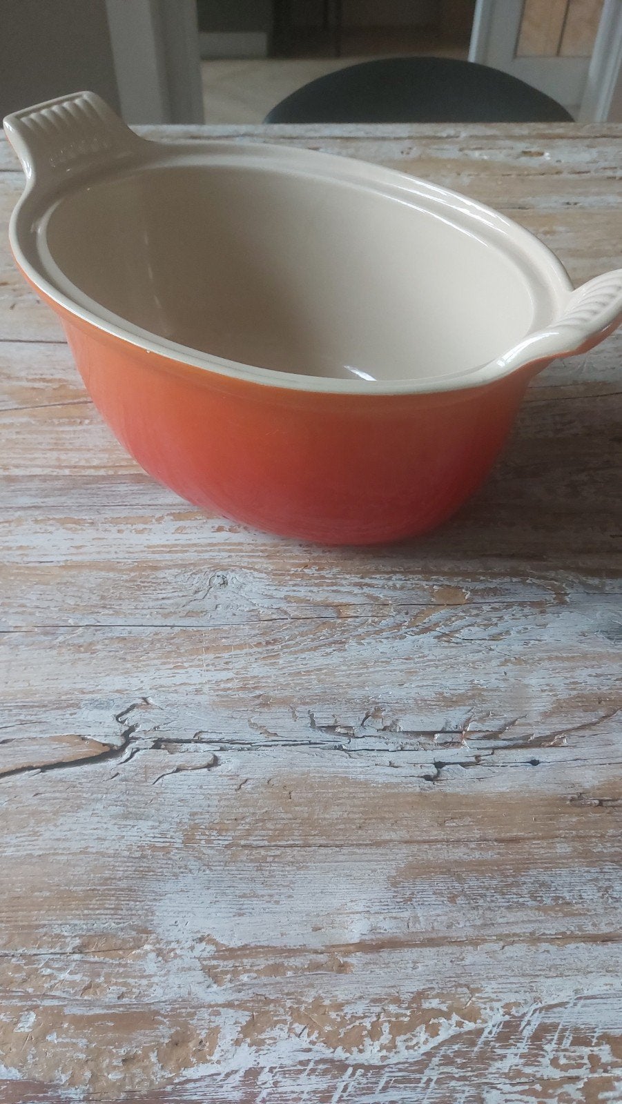 Le Creuset diepe ovenschaal 19-18 vintage, Gebruikt, Overige typen, Le Creuset, Ophalen of Verzenden
