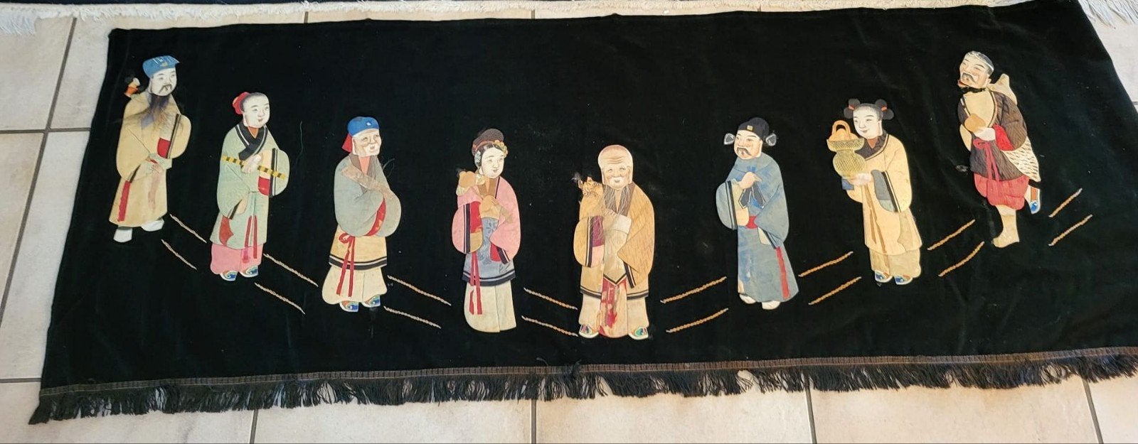 Vintage Chinees wandkleed met 8 onsterfelijken, Antiek en Kunst, Antiek | Kleden en Textiel, Ophalen