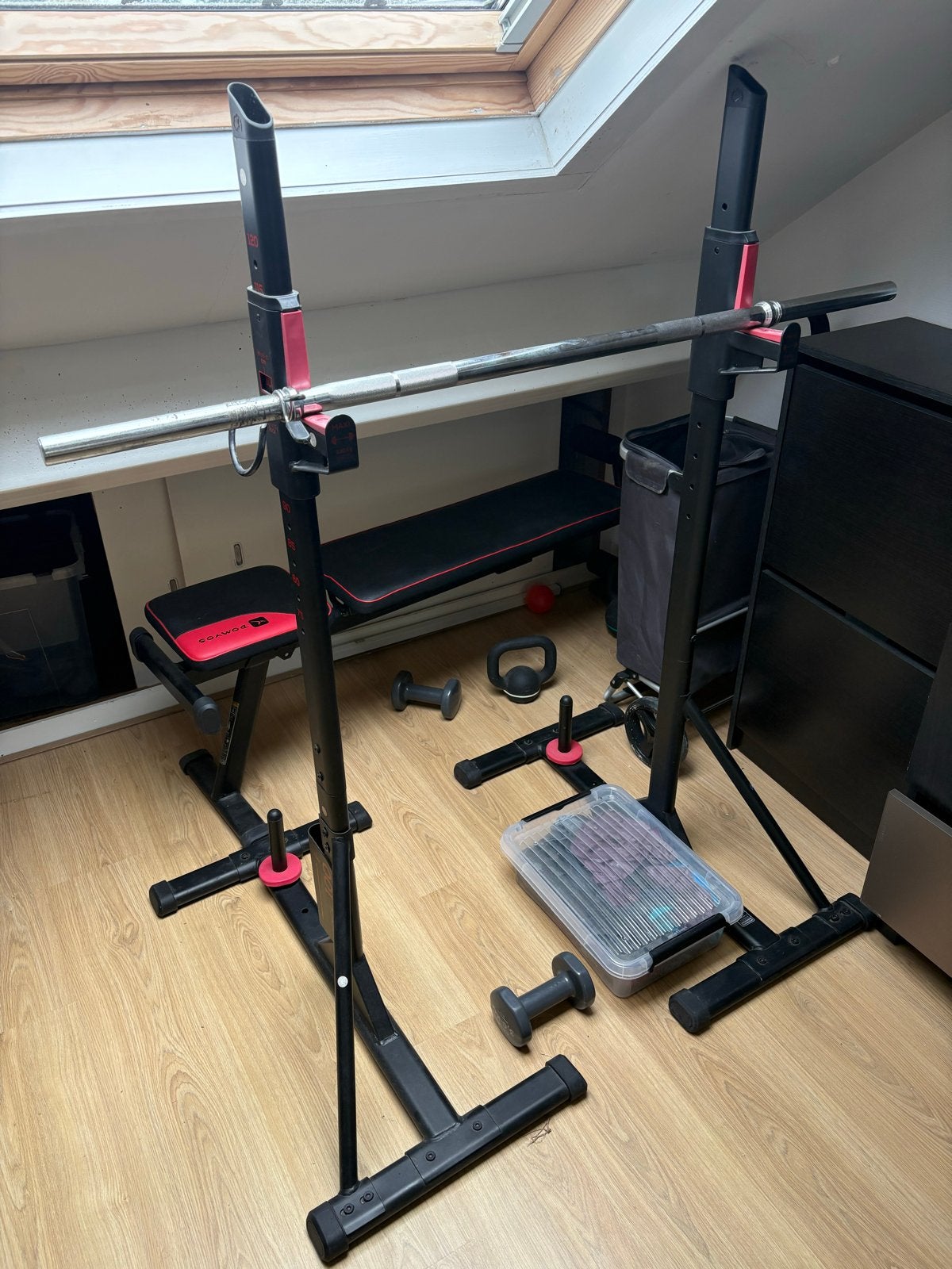 Squatrek, halterbank en halterstang, Ophalen, Gebruikt, Armen, Fitnessbank