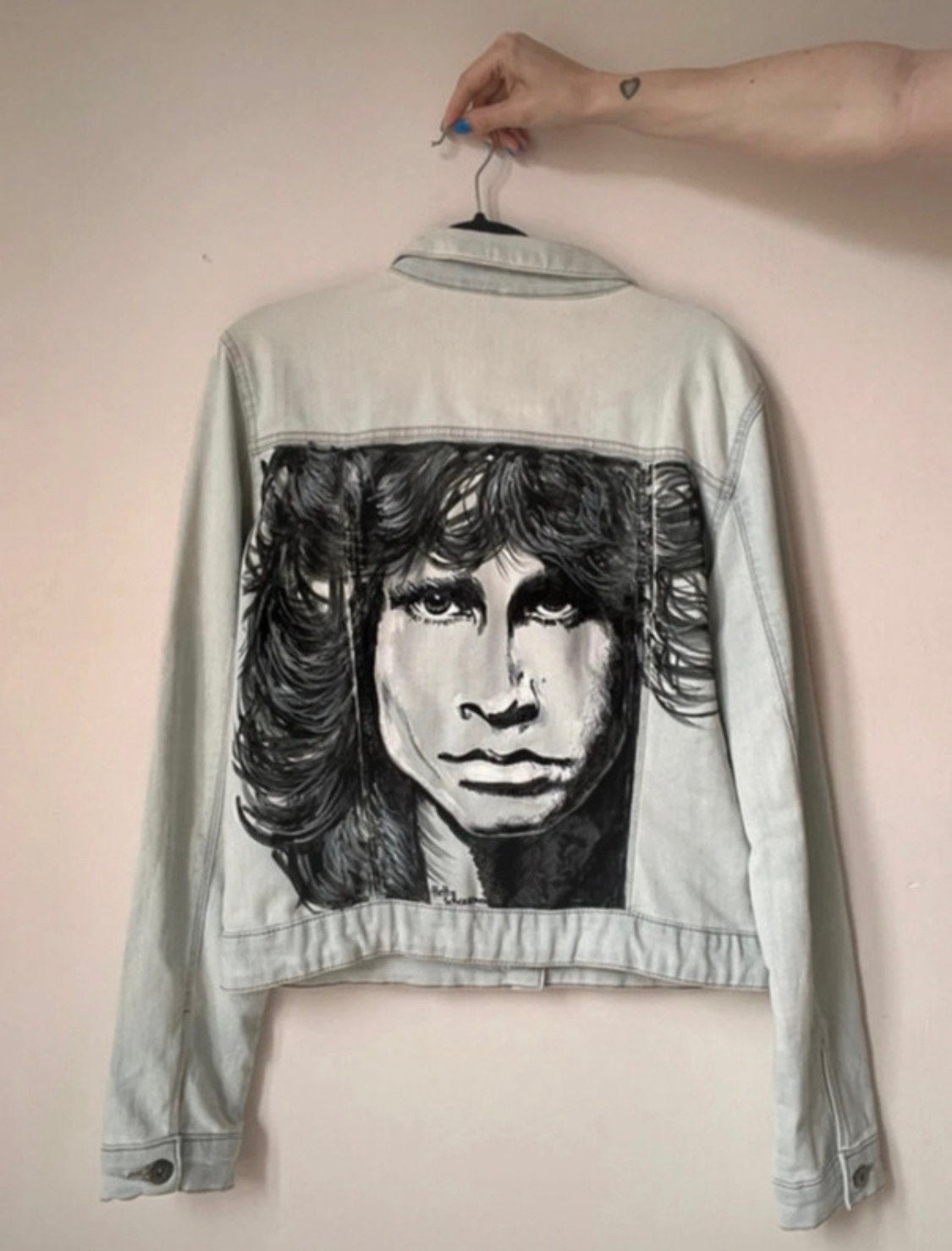 Jim Morrison spijkerjas, L. The Doors schilderij denim jack, Kleding | Dames, Maat 42/44 (L), Handgemaakt, Gedragen, Verzenden