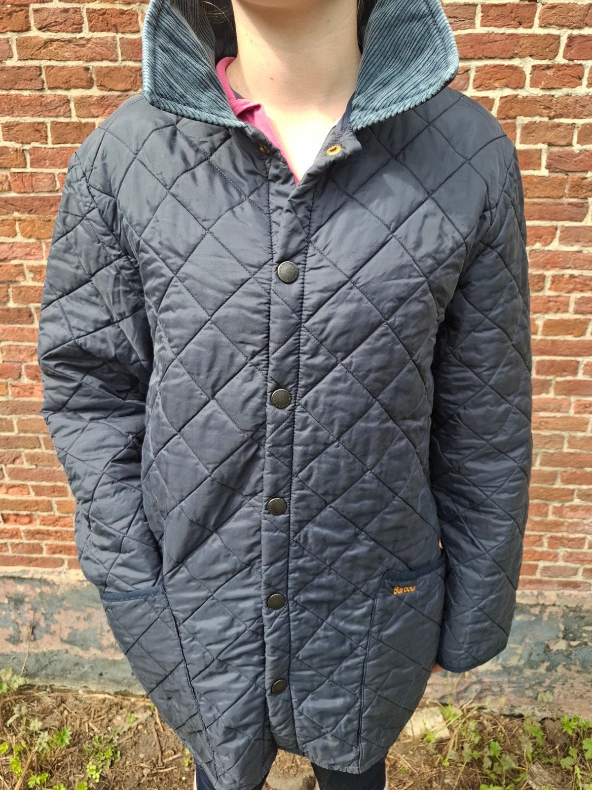 Barbour doorgestikte jas maat L met splitten, Maat 38/40 (M), Barbour, Blauw, Ophalen of Verzenden