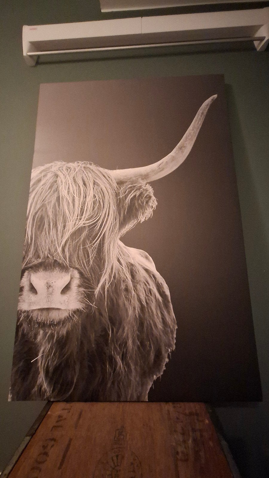Schilderij Zwart-wit Schotse Hooglander 75x115 cm, Ophalen, Textiel, Op houten frame, Dieren
