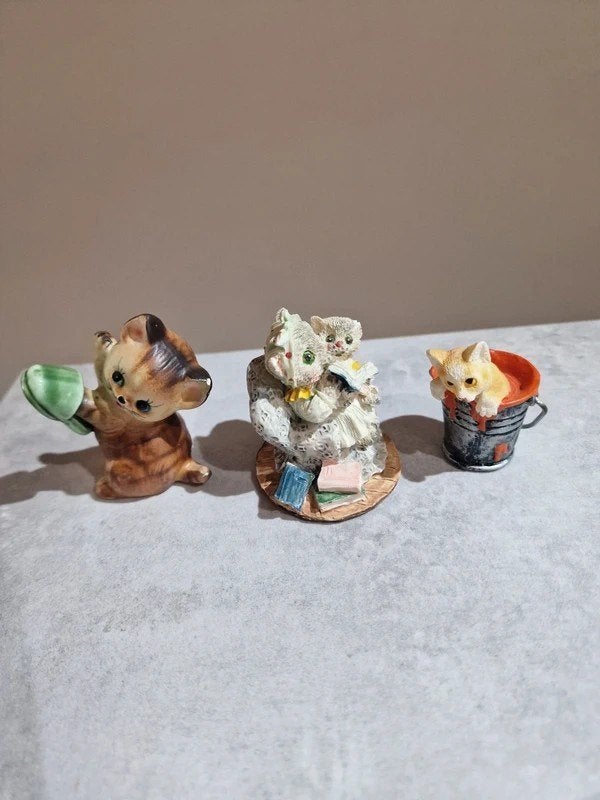 Vintage Kattenbeeldjes Miniaturen – Set van 3, Verzamelen, Ophalen of Verzenden, Gebruikt, Dier