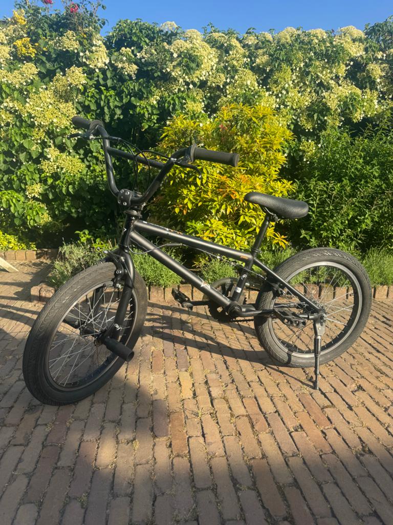 Kinder BMX crossfiets 6-11 jaar - Zwart met stuntstepjes, Ophalen, Staal, Velgrem, 20 tot 24 inch