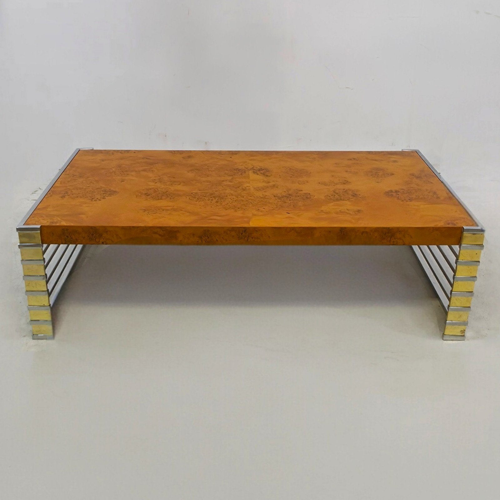 Vintage burl wood salontafel 70s Italiaans mid century, Gebruikt, Metaal, Rechthoekig, 50 tot 100 cm