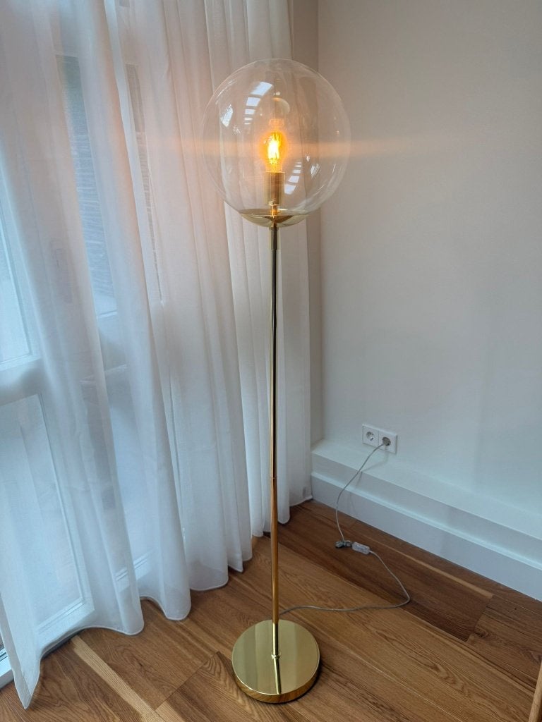 Gouden Design Vloerlamp (1.55m) met Helder Glazen Bol (30cm), Ophalen, E27 (groot), Zo goed als nieuw, Glas