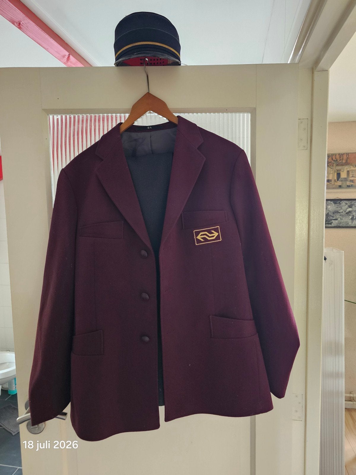 Vintage NS uniform jas/ broek/pet maat 54 uit de jaren '70, Maat 52/54 (L), Paars, Ophalen of Verzenden, Gedragen