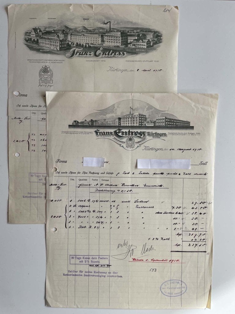 Nürtingen; Frans Entress Strickwaren 1930. 2x factuur, Ophalen of Verzenden, 1920 tot 1940, Gelopen, Duitsland