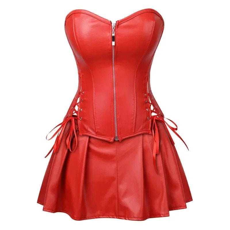 Sexy PU leren corset met rok en ritssluiting - ^Punk stijl, Maat 38/40 (M), Zwart, Nieuw, Ophalen of Verzenden