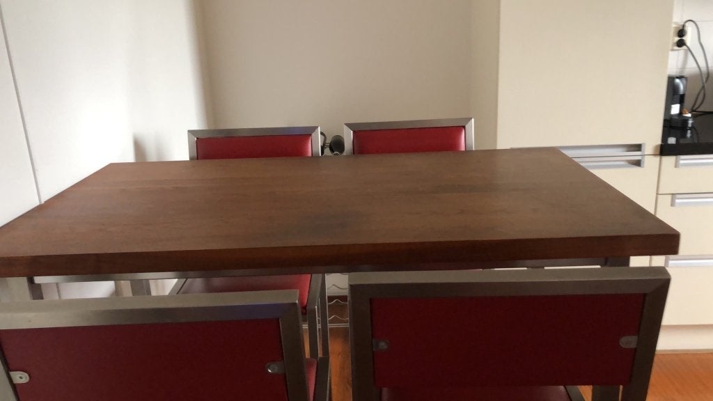 Bar tafel rvs donkere look blad en 4 barkrukken, Ophalen, Gebruikt, Leer, 90 cm of meer