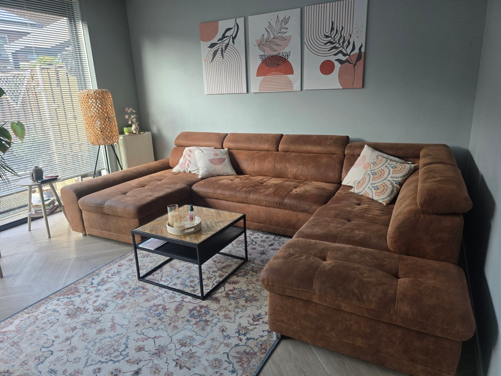 Ruime U-vormige bank in bruin microvezel + salon tafel, Ophalen, Gebruikt, Stof, Modern