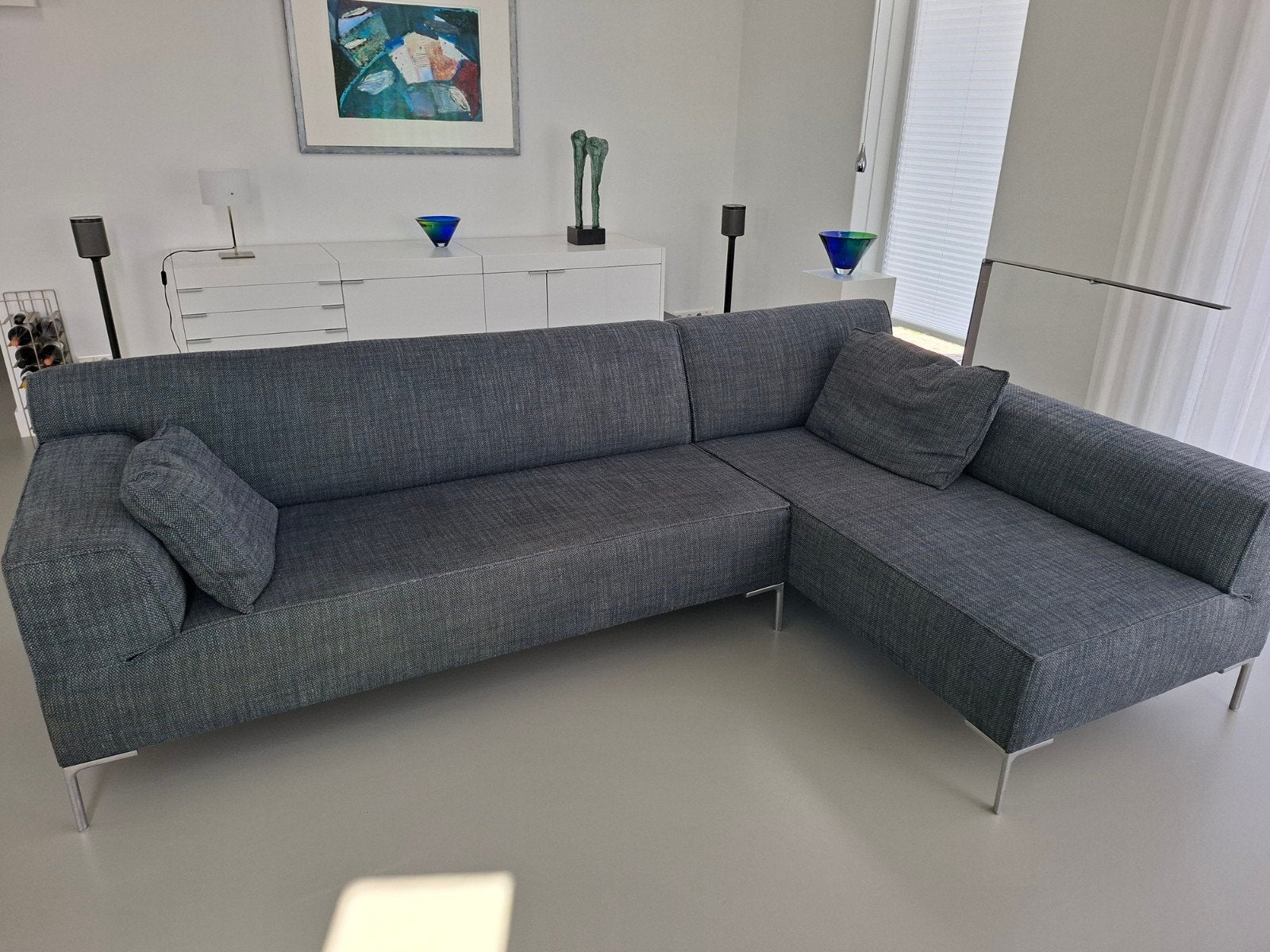 Moderne Hoekbank met Hocker - blauw/ grijze Stof, Huis en Inrichting, Ophalen of Verzenden, Zo goed als nieuw, Stof