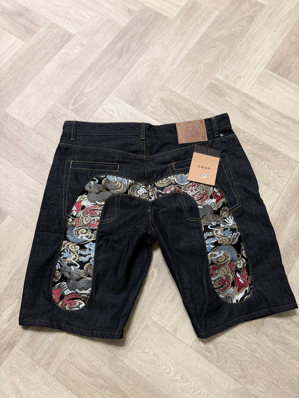 Heren evisu denim shorts met geborduurde draken, maat W34, Verzenden, Nieuw, Blauw, W33 - W34 (confectie 48/50)