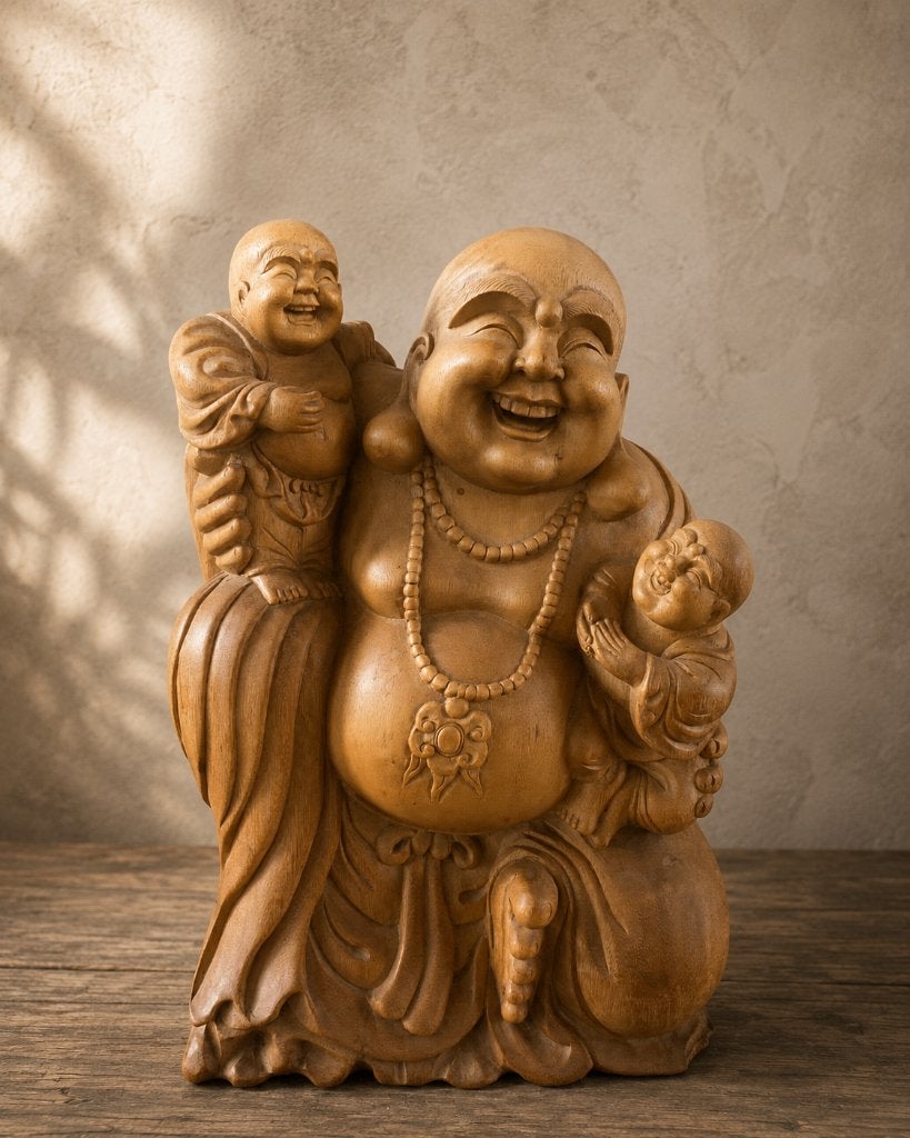 Lachende Boeddha / Happy Boeddha met kinderen Suarhout 47 cm, Huis en Inrichting, 47 cm, Nvt particulier, Ophalen of Verzenden