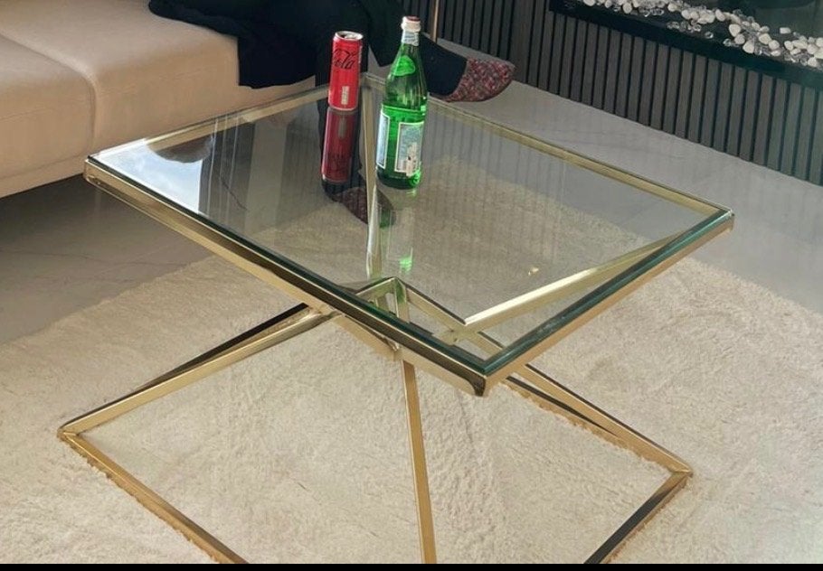 Glazen salontafel (eettafel) (moet weg) goudkleurig., Ophalen, Overige materialen, Gebruikt, 100 tot 150 cm