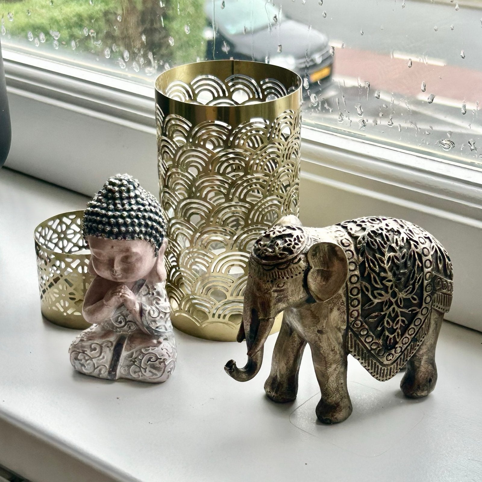 Decoratieve Boeddha, olifant en theelichthouders, Ophalen, Gebruikt