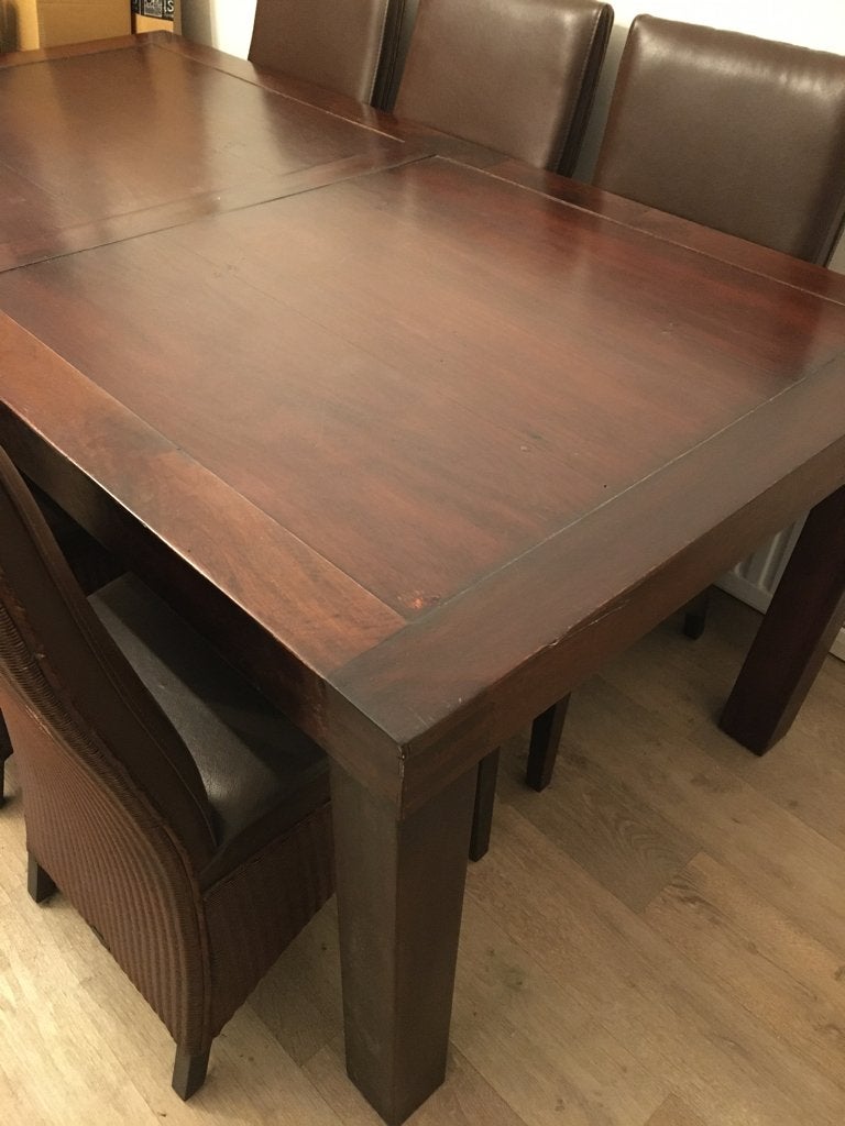 Hout eettafel met zes Lloyd Loom stoelen leer & riet, Ophalen, Gebruikt, 200 cm of meer, 50 tot 100 cm