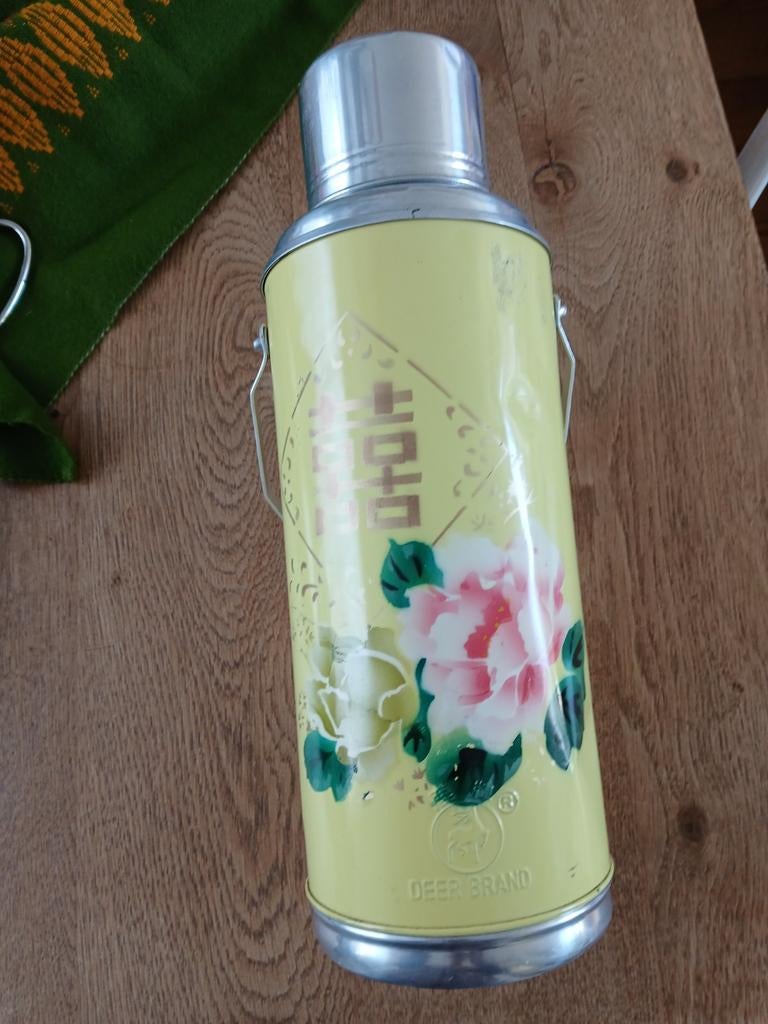 Vintage Deer Brand Thermosfles - Geel met Bloemen, Ophalen of Verzenden