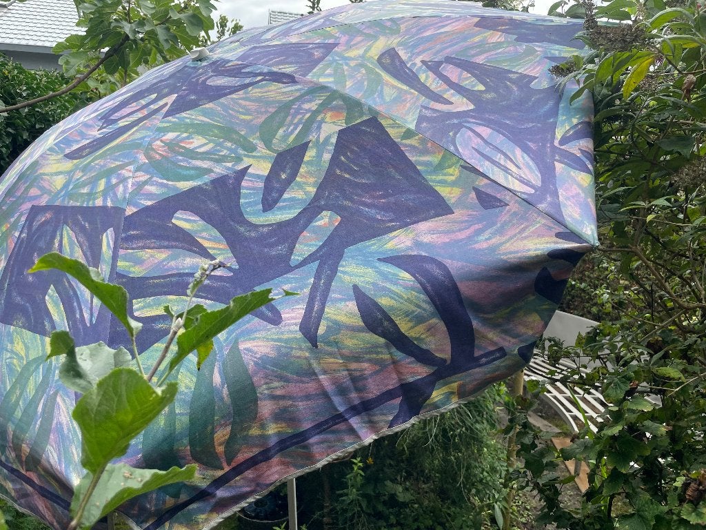 Vintage retro grote 195cm kantelbare parasol grafisch boho, Tuin en Terras, Gebruikt, Kantelbaar, Ophalen of Verzenden, 1 tot 2 meter