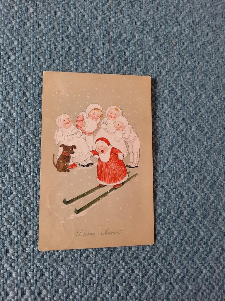 Oude Franse Kerstkaart - Bonne Année - Kinderen op ski's, Ophalen of Verzenden