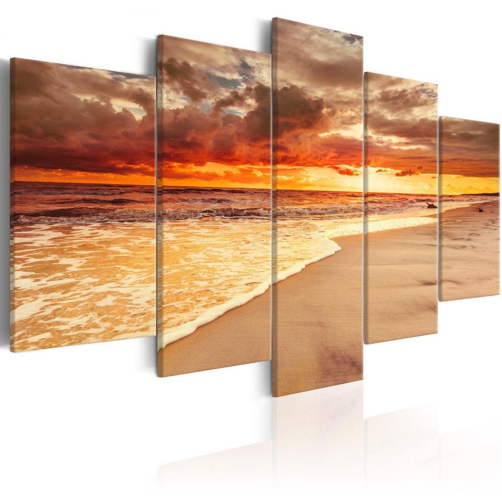 381 Sunset Strand Zee 5 Luik Canvas Schilderij 200x100 Nieuw, Ophalen of Verzenden