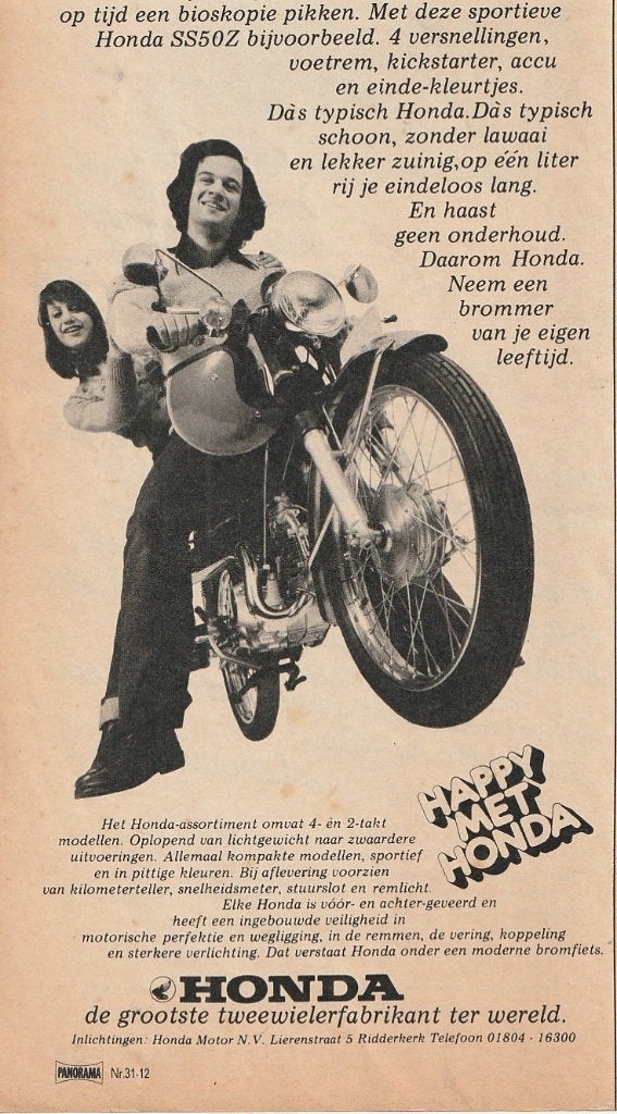 Retro reclame 1974 Honda SS50Z brommer blij mee zijn, Verzenden, Overige typen