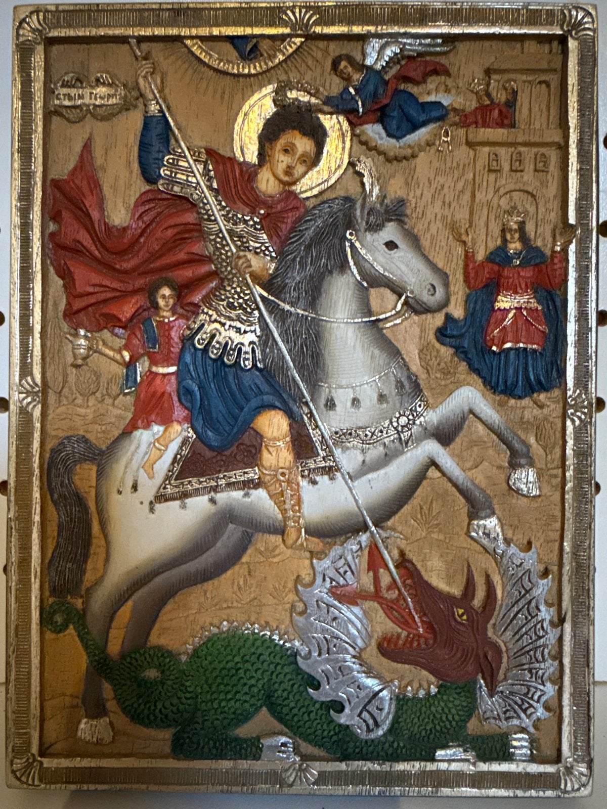 Houten icoon Sint Joris en de Draak, handgemaakt, Antiek en Kunst, Kunst | Beelden en Houtsnijwerken, Verzenden, 20 - 50 cm, Beeld