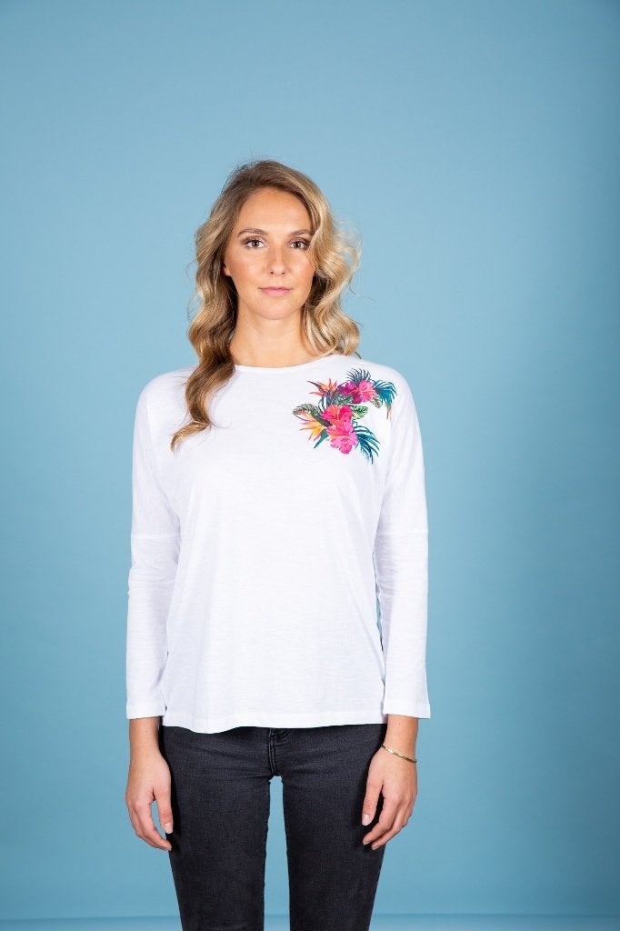 Nieuw wit dames shirt bloemenprint tekst Doqi – maat XL, Wit, Maat 46/48 (XL) of groter, Nieuw, Lange mouw