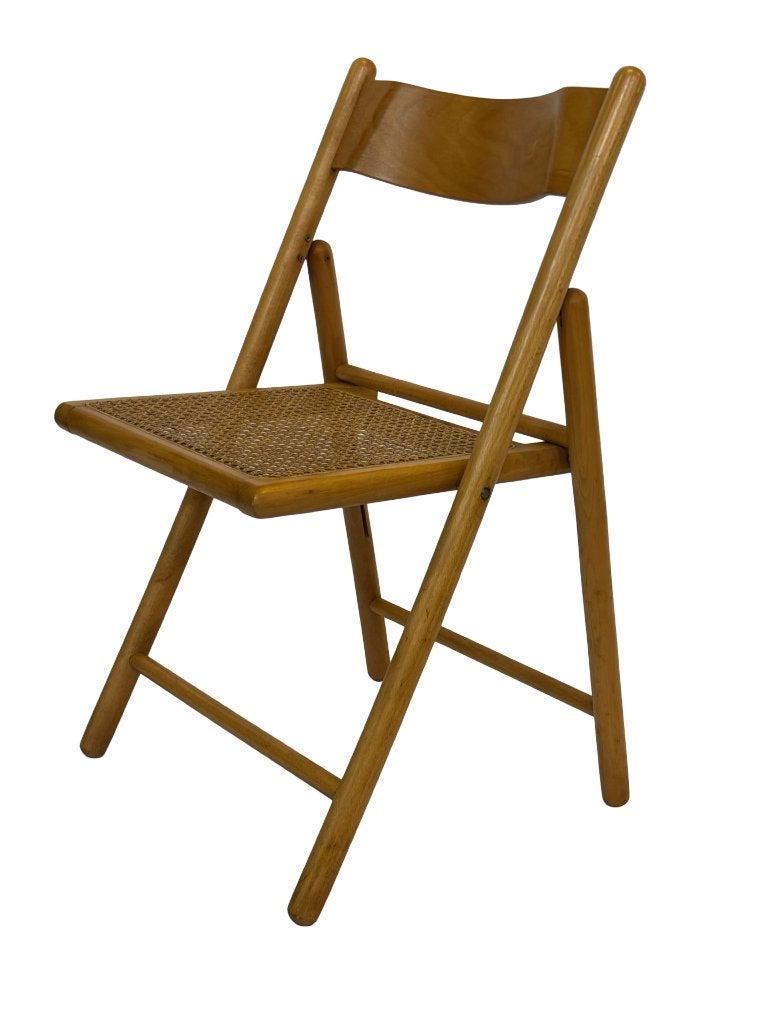Vintage houten klapstoel met rotan zitting design jaren 70, Gebruikt, Vintage klapstoel, Bruin, Vintage klapstoel