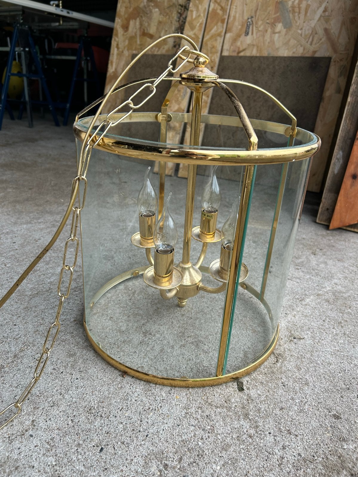 Gouden hanglamp met glazen cilinder en 4 lichtpunten, Ophalen, Gebruikt, Glas, E14 (klein)
