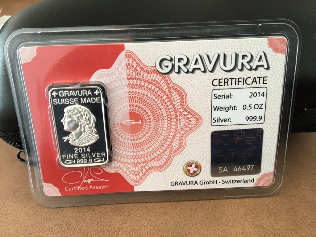 Gravura Suisse 1/2 oz Fijn Zilver 999.9 Baar 2014, Postzegels en Munten, Edelmetalen en Baren, Ophalen of Verzenden, Zilver