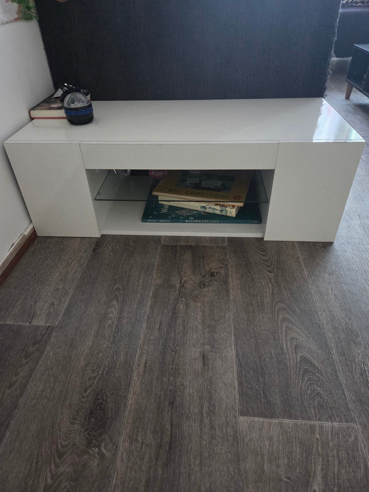 Witte TV-tafel met opbergruimte, Gebruikt, 100 tot 150 cm, Ophalen of Verzenden, Minder dan 100 cm