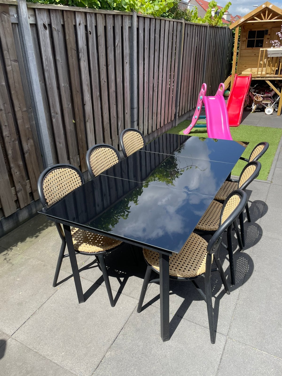 Tuintafel met glazen bladen, Ophalen, Gebruikt, Rechthoekig, Metaal