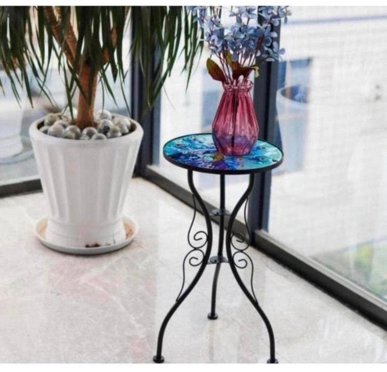 IJzer-Glas Pauw Ronde Zij-tafeltje Mozaïek bijzettafel Nieuw, 45 tot 60 cm, Minder dan 55 cm, Metaal of Aluminium, Rond