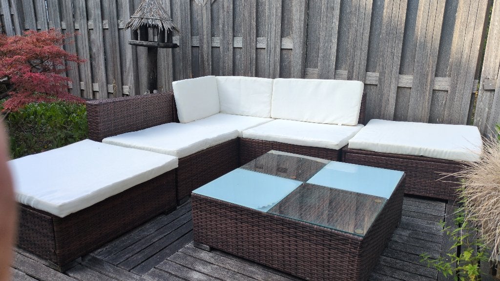 Grote modulaire vidaXL loungeset + kussens & glazen tafel, Tuin en Terras, Tuinsets en Loungesets, 5 zitplaatsen, Gebruikt, Ophalen of Verzenden