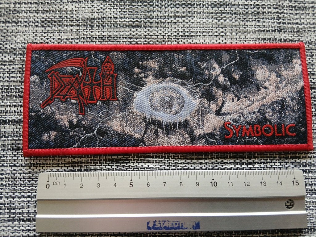 Death Symbolic prachtige strip patch d12 rode border   metal, Verzenden, Nieuw, Kleding