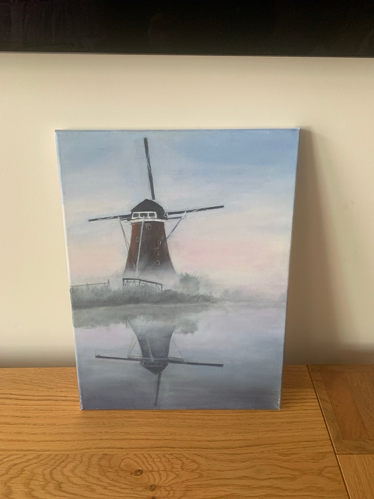 Olieverfschilderij 40x30 cm - Hollandse molen aan water, Antiek en Kunst, Doek, Ophalen of Verzenden, Olieverf, Handgeschilderd