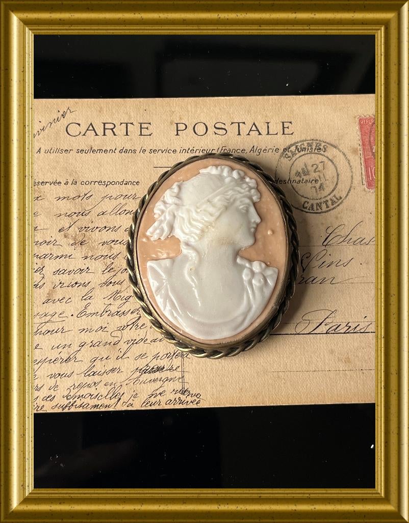 Grote oude celluloid camee broche, Ophalen of Verzenden, Overige materialen, Broche