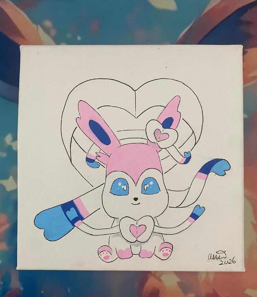 Handgeschilderd Pokémon canvas! Chibi Sylveon, Ophalen of Verzenden