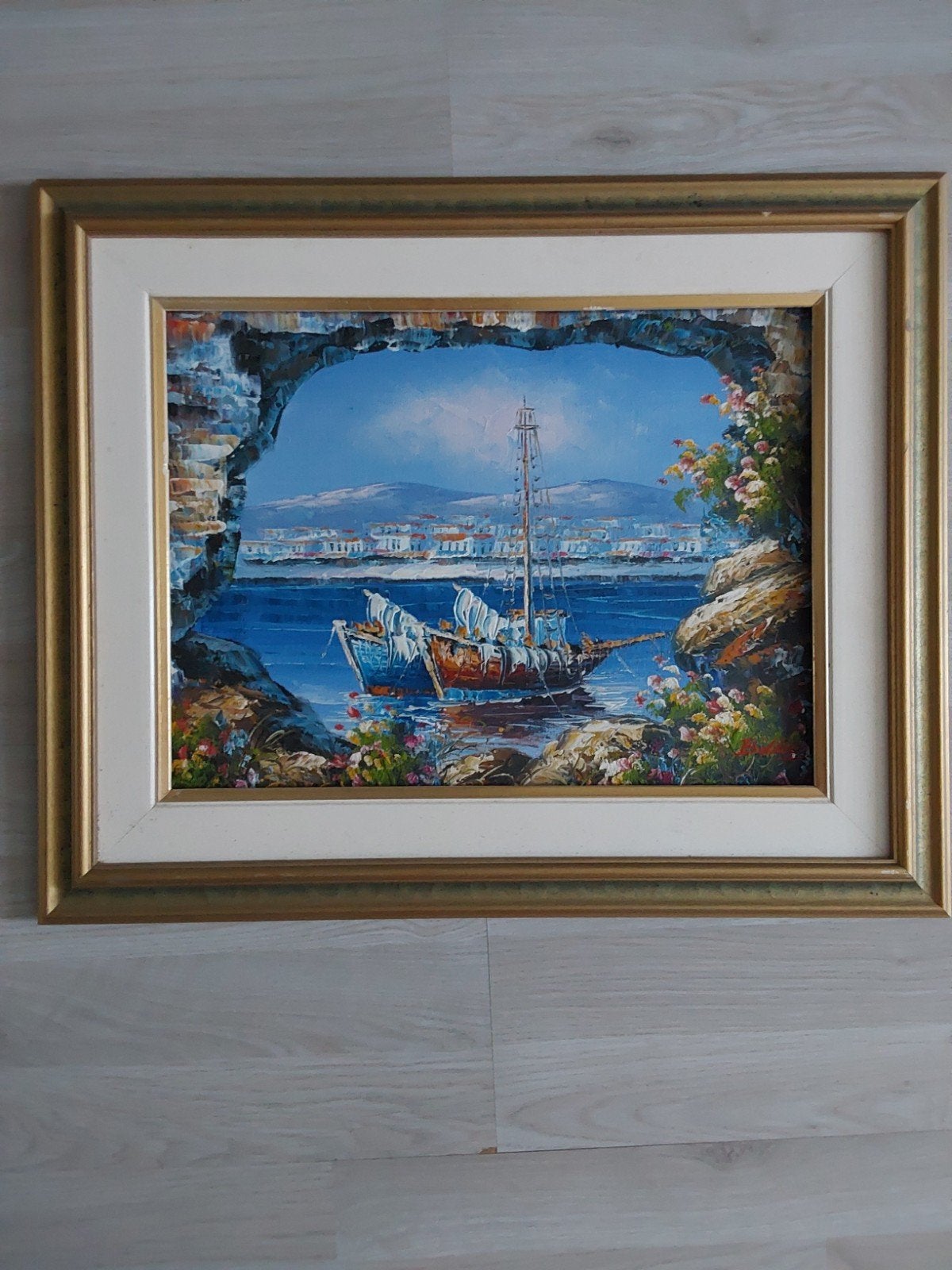 Schilderij: Mediterraan landschap met boot, Ophalen