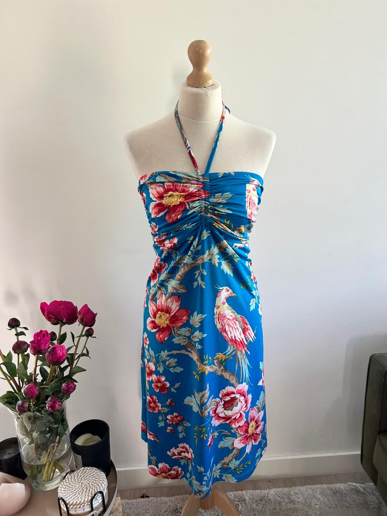King Louie maat L blauwe zomer halter jurk 3279, Blauw, Maat 42/44 (L), Ophalen of Verzenden, Zo goed als nieuw