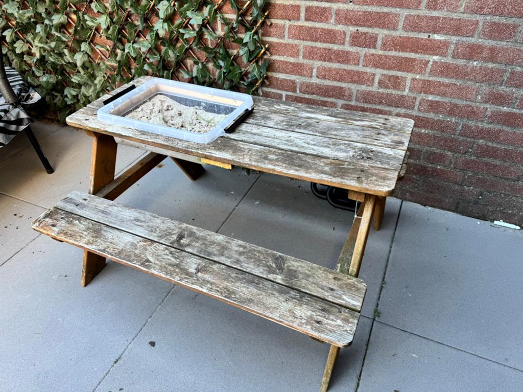 Picknick tafel kind met zandbakje GRATIS (zelf gemaakt), Ophalen, Zo goed als nieuw, Rechthoekig, Hout