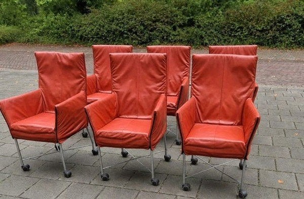 6 Montis Chaplin design eetkamerstoelen in leer steen rood t, Ophalen, Gebruikt, Overige kleuren, Chaplin montis gerard van den berg label stijl
