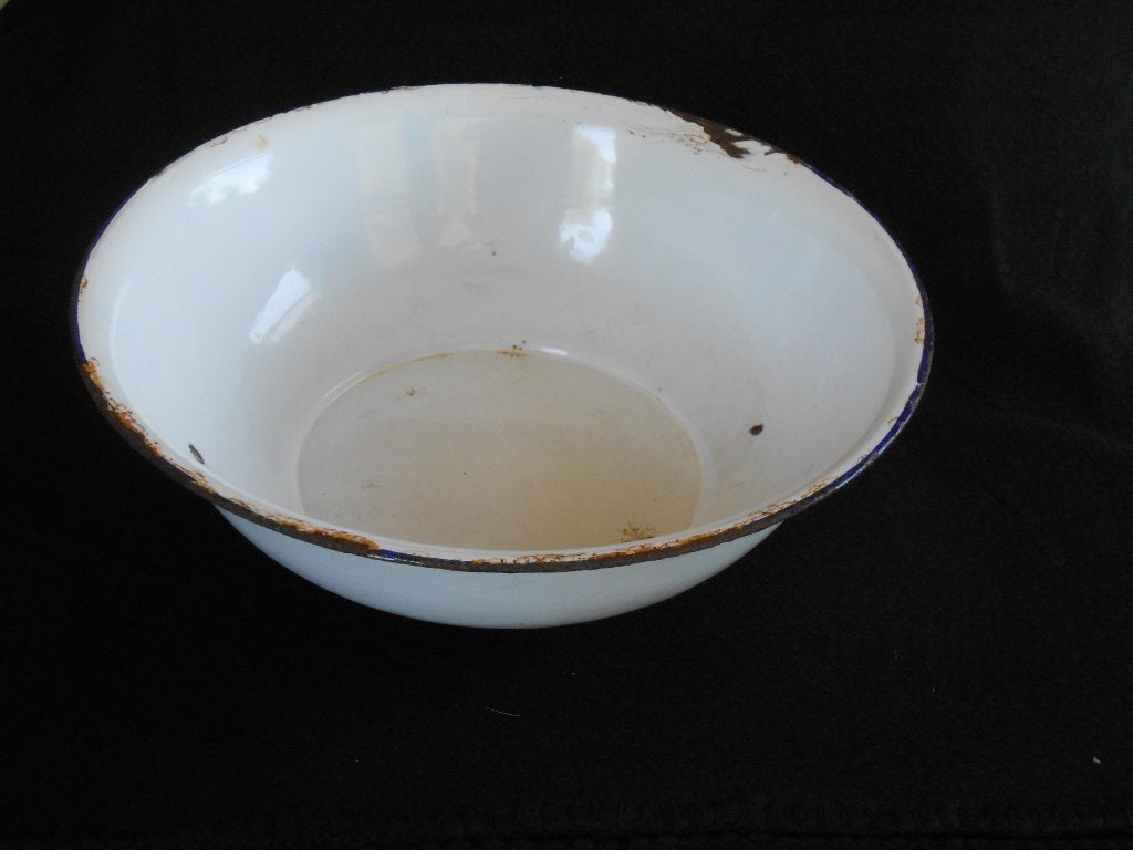 Emaille teil wit met donkerblauwe rand ø 32 cm. gemerkt, Ophalen