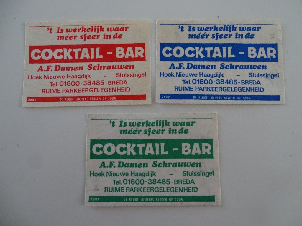 COCKTAIL - BAR   't is werkelijk waar meer sfeer      BREDA, Verzamelen, Verzenden, Gebruikt, Luciferdoosjes of -merken