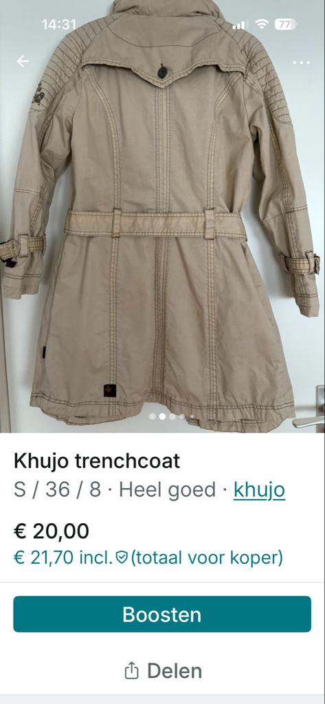 Khujo knielange - Trenchcoat, Ophalen of Verzenden, Gedragen, Maat 36 (S), Beige