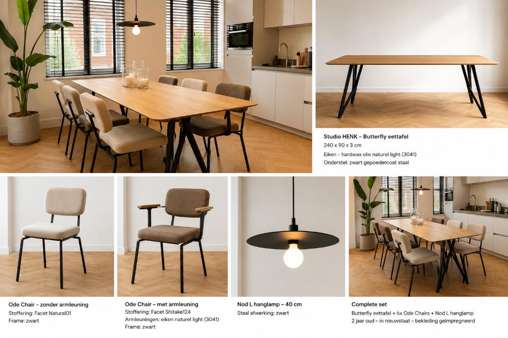 Studio HENK eethoek set + design hanglamp – nieuwstaat, Huis en Inrichting, Complete eetkamers, Zo goed als nieuw, 4 tot 6 stoelen