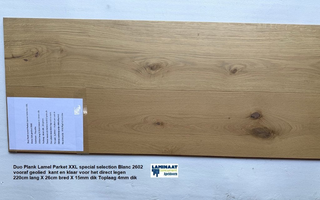 Lamel Parket Blanc geolied 220cm lang X 26cm bred X 15mm dik, Huis en Inrichting, Parket, 75 m² of meer, Ophalen of Verzenden