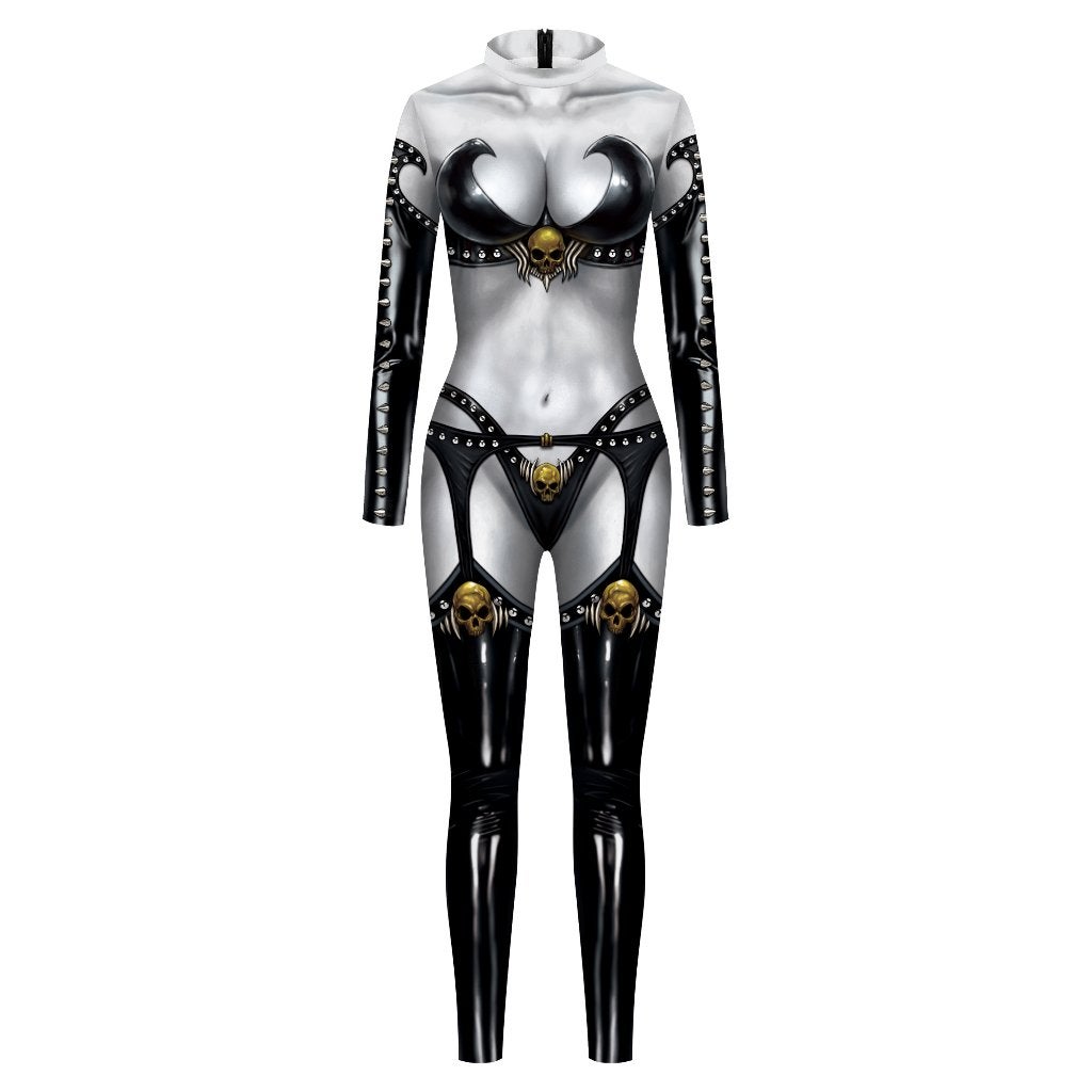Dames catsuit 25 / bodysuit sexy zwart jumpsuit doodskop, Verzenden, Maat 42/44 (L), Nieuw, Overige thema's