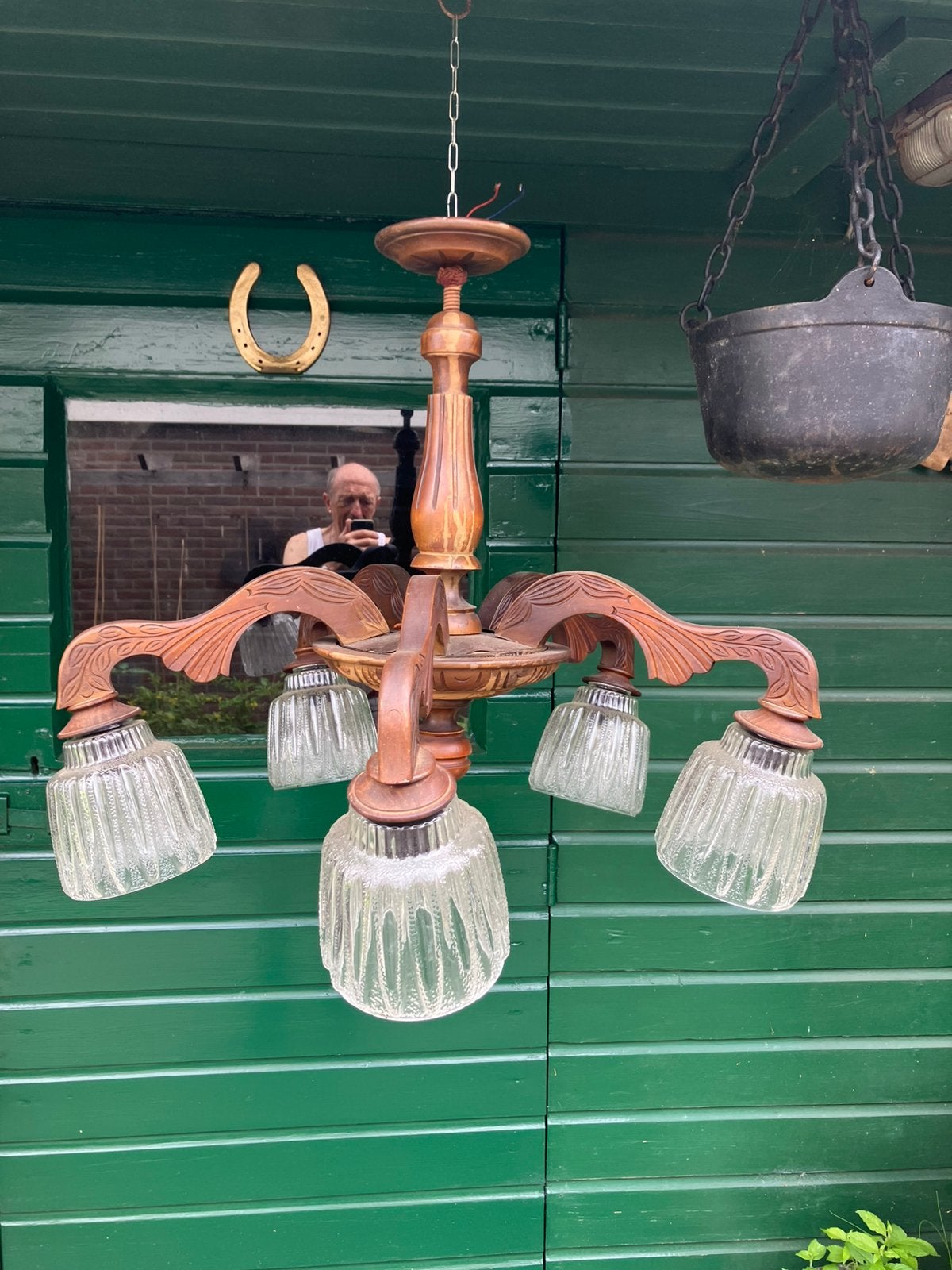 Antieke hanglamp met 5 kelken, Gebruikt, Overige fittingen, Glas, Antiek